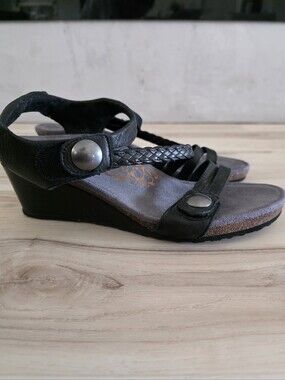Aetrex Naya Black Leather Braided Wedge Sandals Comfort Orthotic Size 10 / 41 EU